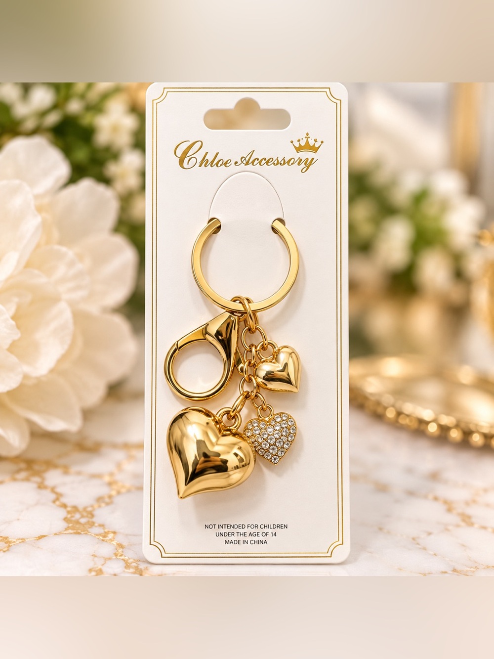 Chloe Accessory Gold Heart Rhinestone Charm Keychain Bag Charm NWT